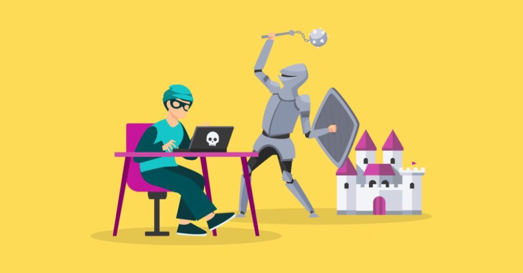 Blog article Data Breach Types featured image, depicting a knight charging an unsuspecting hacker